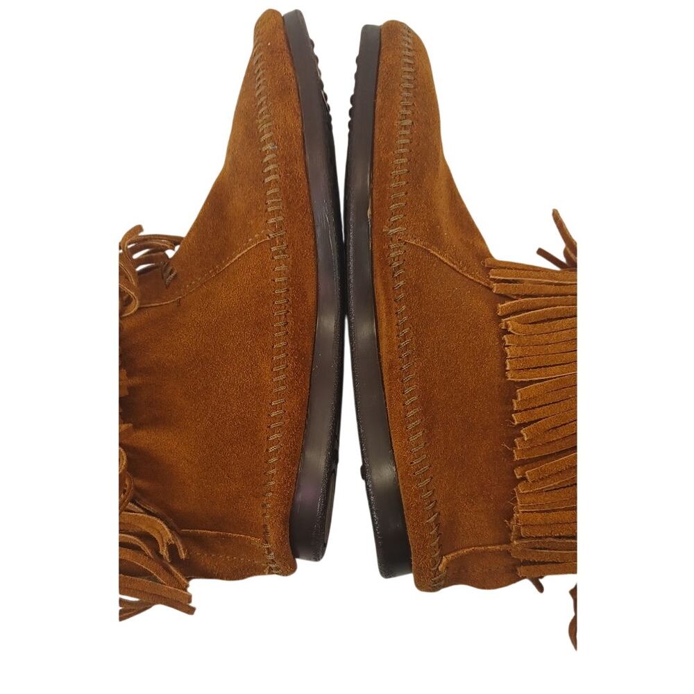 Womens Minnetonka 8.5 Hi Top Back Zip Moccasin Boot Brown Suede Fringe Style 292 - Picture 5 of 13